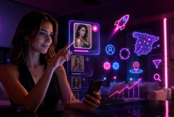 Creadora gestionando la visibilidad de su perfil en Sexon con tarjetas de perfiles, filtros, mapa, insignias e iconos de impulso