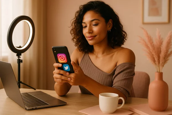 Mujer revisando sus redes sociales desde el móvil para promocionar su contenido erótico en Sexon, en un entorno moderno y profesional