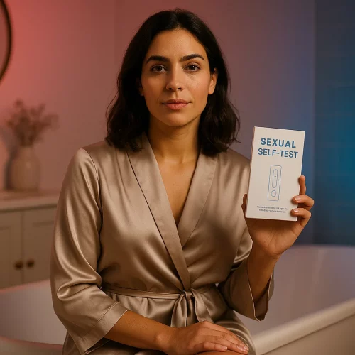 Mujer con expresión serena revisando un autotest sexual en su baño con luz suave