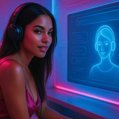 Mujer sensual interactuando con un asistente virtual en pantalla, con luces de neón rosa y azul, en un entorno íntimo y futurista