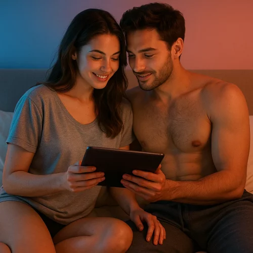 Pareja observando una pantalla con expresión cómplice y curiosa