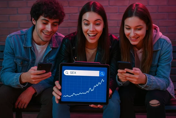 Jóvenes mirando sus móviles con contenido sugerente mientras charlan sobre sexo digital