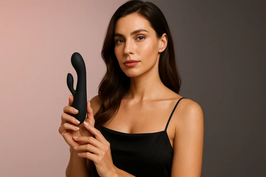 Creadora erótica sosteniendo un vibrador elegante y profesional