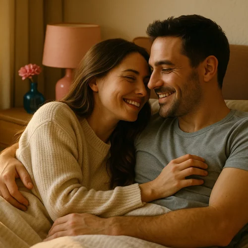 pareja abrazada en la cama practicando aftercare sexual en un ambiente acogedor