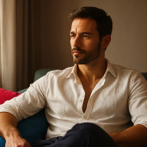 hombre sereno respirando profundamente mientras se prepara para una cita, tono cálido controlando su ansiedad sexual masculina
