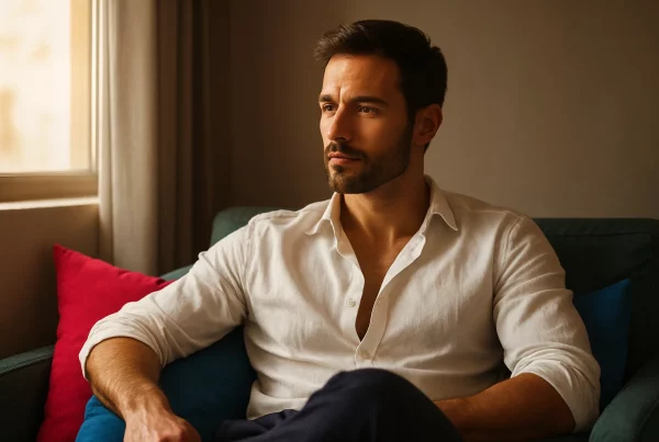 hombre sereno respirando profundamente mientras se prepara para una cita, tono cálido controlando su ansiedad sexual masculina