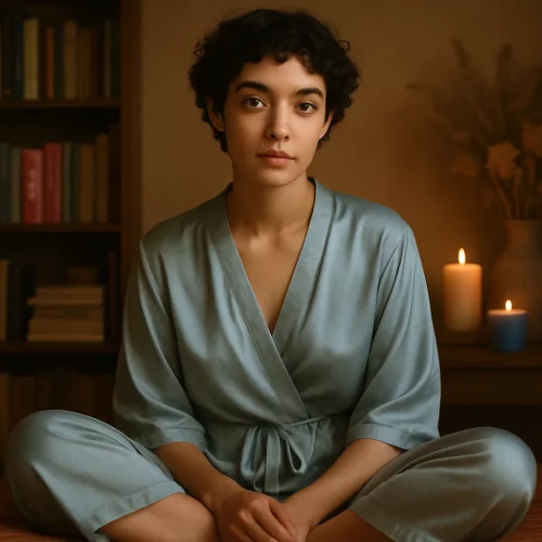 Mujer serena sentada en un ambiente íntimo, rodeada de velas y libros, con expresión reflexiva. Representa la conexión interior, el deseo tranquilo y la asexualidad femenina en 2025.