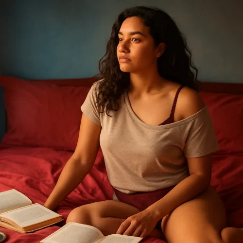 Ilustración sensual y elegante de una mujer con gesto sereno, con fondo cálido y expresión de empoderamiento, representando el placer femenino y la reflexión sexual con la brecha del orgasmo