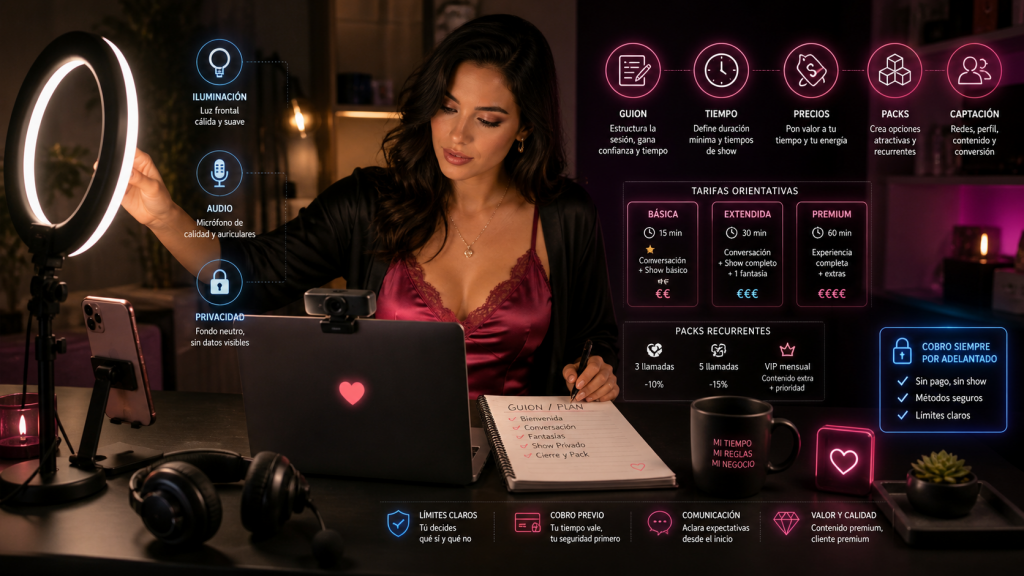 Cómo ofrecer videollamadas eróticas de forma profesional con luz, audio, guion y precios claros