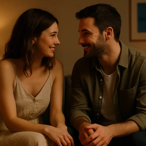 pareja sonriendo mientras acuerdan consentimiento sexual con frases claras