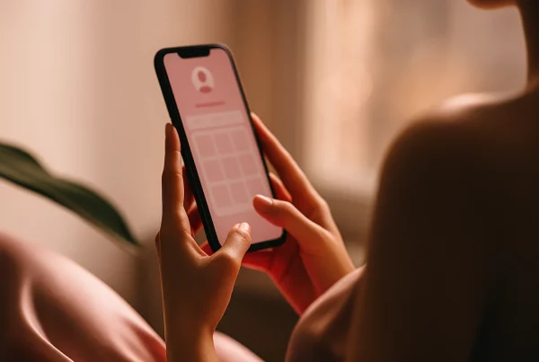 Crear cuenta y perfil en Sexon: manos con smartphone verificando email, seda rosa y luz cálida, estética editorial sin contenido explícito.