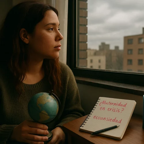 Mujer joven con expresión reflexiva mirando por una ventana, sosteniendo un globo terráqueo. Representa la ansiedad climática y la duda sobre la maternidad.