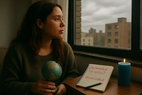 Mujer joven con expresión reflexiva mirando por una ventana, sosteniendo un globo terráqueo. Representa la ansiedad climática y la duda sobre la maternidad.