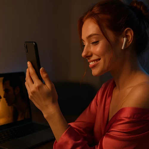 pareja conectando en videollamada erótica con luz tenue y ambiente elegante practicando un erotismo a distancia
