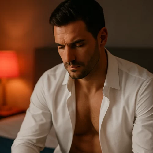 Hombre joven sentado en la cama, con expresión reflexiva y relajada, representando superación de la eyaculación precoz mediante tratamientos y entrenamientos.