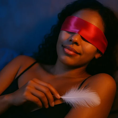 mujer disfrutando de fantasías sensoriales en pareja con vendas y texturas