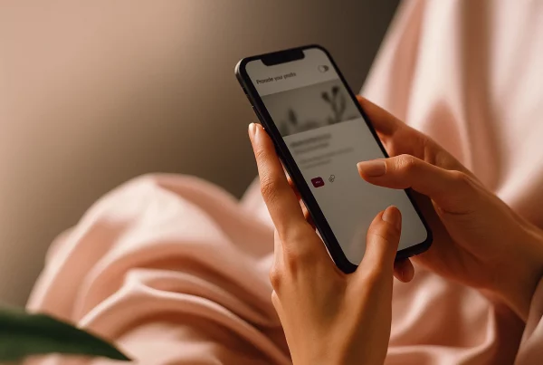 Impulsar perfil en Sexon: manos con smartphone activando impulso y enlaces, seda rosa, luz cálida, estética editorial sin contenido explícito.