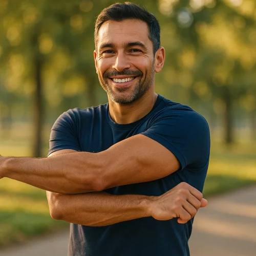 Hombre sonriente sentado en la cama haciendo estiramientos matinales, con luz natural, representando hábitos saludables para mejorar las erecciones sin pastillas.