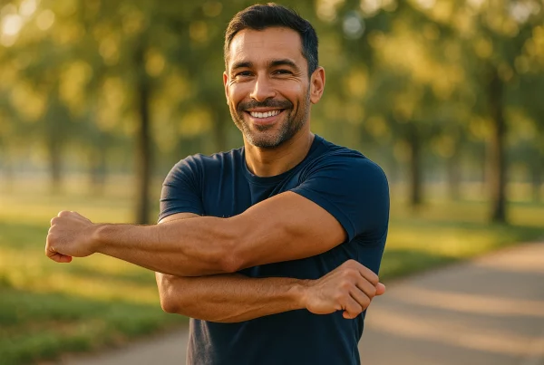 Hombre sonriente sentado en la cama haciendo estiramientos matinales, con luz natural, representando hábitos saludables para mejorar las erecciones sin pastillas.