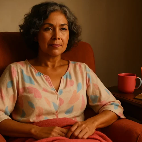 Mujer madura, serena y confiada, vestida con ropa suave, sentada en un sillón acogedor con expresión de bienestar y reflejo sensual, en un ambiente cálido. Simboliza cómo redescubrir el placer durante la menopausia.