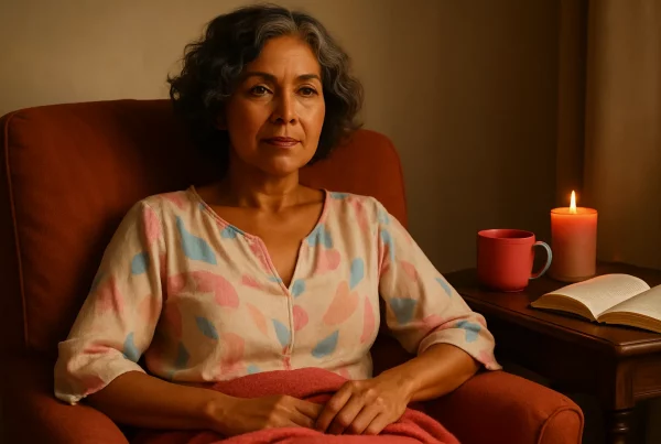 Mujer madura, serena y confiada, vestida con ropa suave, sentada en un sillón acogedor con expresión de bienestar y reflejo sensual, en un ambiente cálido. Simboliza cómo redescubrir el placer durante la menopausia.