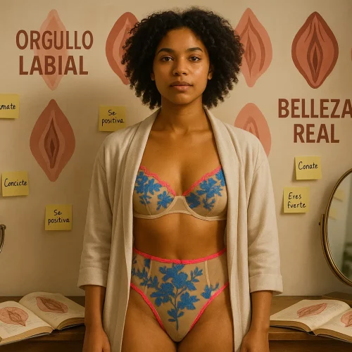 Mujer segura de sí misma posando con orgullo, con fondo artístico y elementos que evocan la vulvaversity