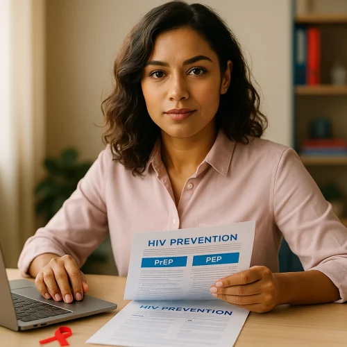 mujer revisando información médica sobre PrEP y PEP para prevenir el VIH en un ambiente moderno y profesional