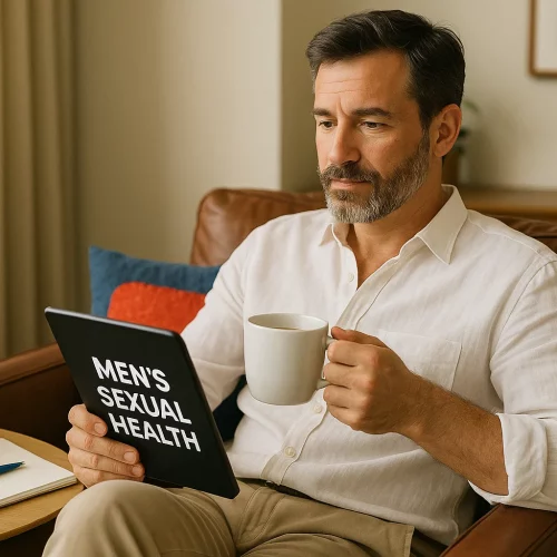 hombre de mediana edad sonriendo mientras revisa información sobre salud sexual masculina en un entorno relajado