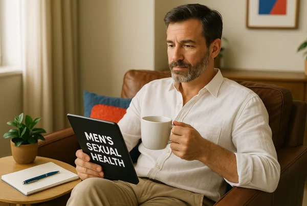 hombre de mediana edad sonriendo mientras revisa información sobre salud sexual masculina en un entorno relajado