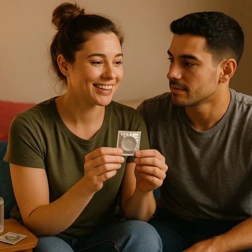 pareja revisando un preservativo en un entorno íntimo y seguro