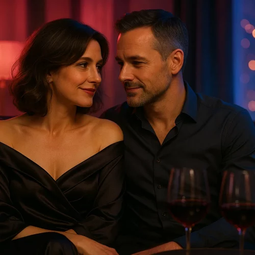 Pareja madura de más de 40 años compartiendo un momento íntimo en un ambiente elegante con luces cálidas.