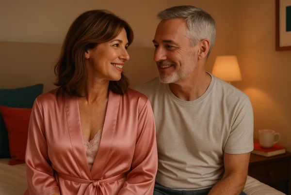 pareja madura sonriendo en un dormitorio acogedor; guía sobre sexo y menopausia y lubricación