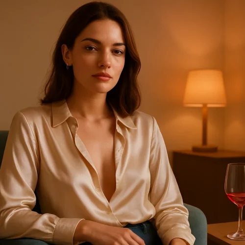 Mujer segura y serena disfrutando del deseo sin alcohol, explorando los sobergasms y el sexo consciente.