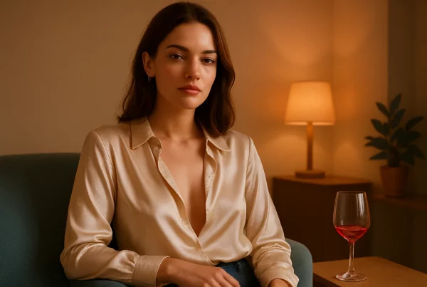 Mujer segura y serena disfrutando del deseo sin alcohol, explorando los sobergasms y el sexo consciente.