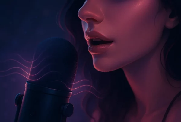 Mujer grabando contenido de ASMR sensual en un entorno íntimo y elegante, con micrófono y luz tenue