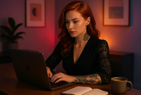 Creadora de contenido erótico planificando su estrategia digital con laptop y luz cálida.