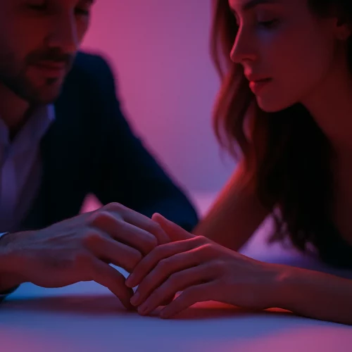 Hombre y mujer mostrando conexión emocional en el sexo, manos entrelazadas bajo luz suave rosa y azul.