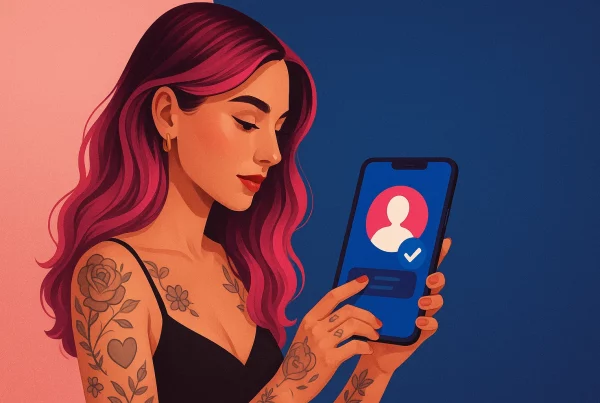 Mujer elegante revisando un perfil verificado en su teléfono, símbolo de confianza y seguridad al contratar escorts reales en España.