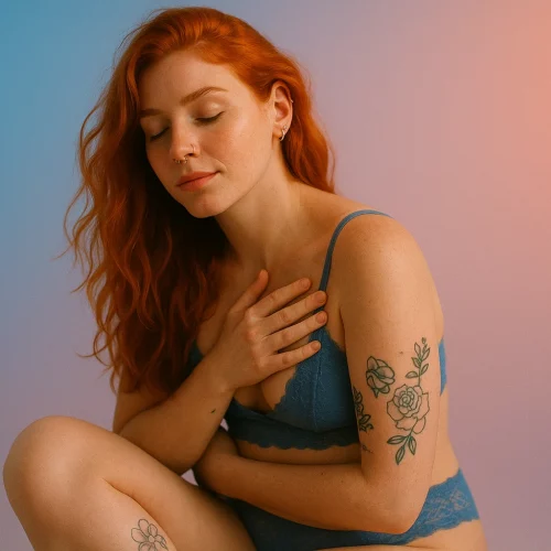 mujer en calma reconectando con su cuerpo en postura relajada