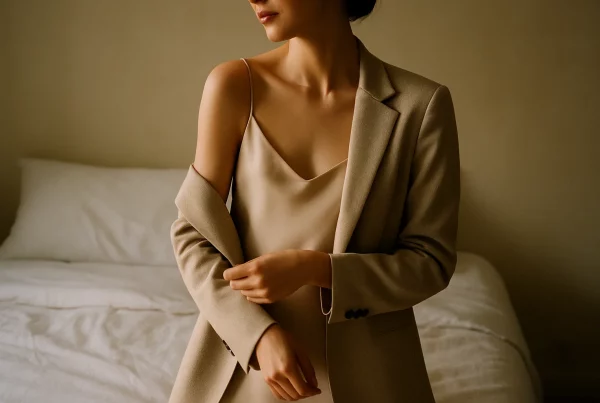 Set de fotos elegante con luz suave, vestuario sutil y encuadres sugerentes sin mostrar de más