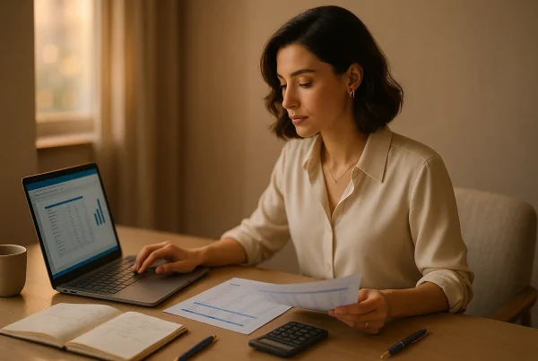 Creadora revisando fiscalidad de su contenido digital 2026 con laptop y documentos