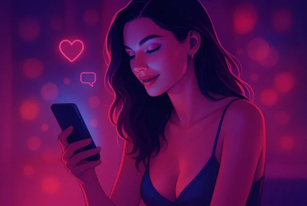 Mujer elegante frente a una pantalla, sonriendo durante una videollamada íntima. Representa una conexión emocional tipo GFE virtual.