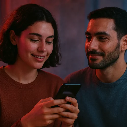 Pareja conectando con mirada y móvil en mano, luces rosa y azul, metáfora del deseo sostenido y como mantener relaciones largas a distancia
