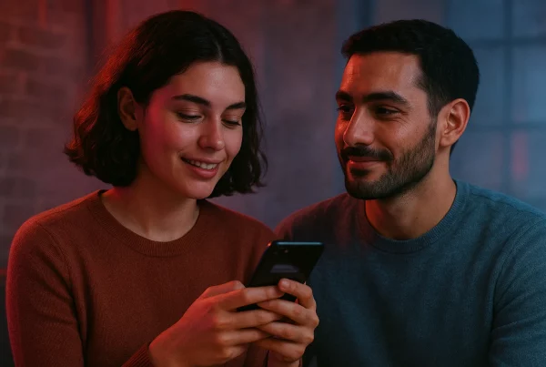Pareja conectando con mirada y móvil en mano, luces rosa y azul, metáfora del deseo sostenido y como mantener relaciones largas a distancia