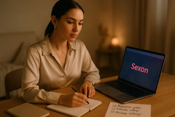 Creadora migrando de OnlyFans a Sexon con plan ordenado y luz cálida, sin estrés