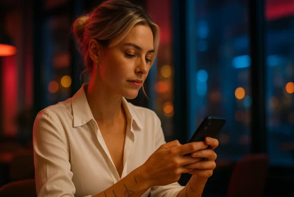 Persona redactando con calma un mensaje elegante para pedir una cita real por WhatsApp o Telegram