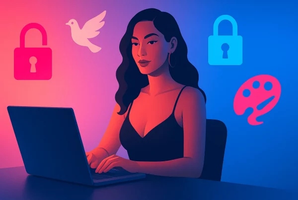 Creadora de contenido trabajando frente al portátil con fondo rosa y azul, símbolo de libertad digital y erotismo sin censura.