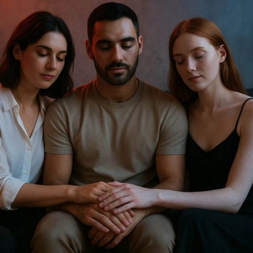 Pareja y tercera persona con gesto sereno en entorno editorial, luces rosa y azul, simbolizando poliamor sano, el deseo y autocuidado