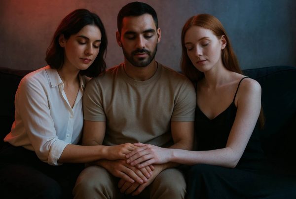 Pareja y tercera persona con gesto sereno en entorno editorial, luces rosa y azul, simbolizando poliamor sano, el deseo y autocuidado