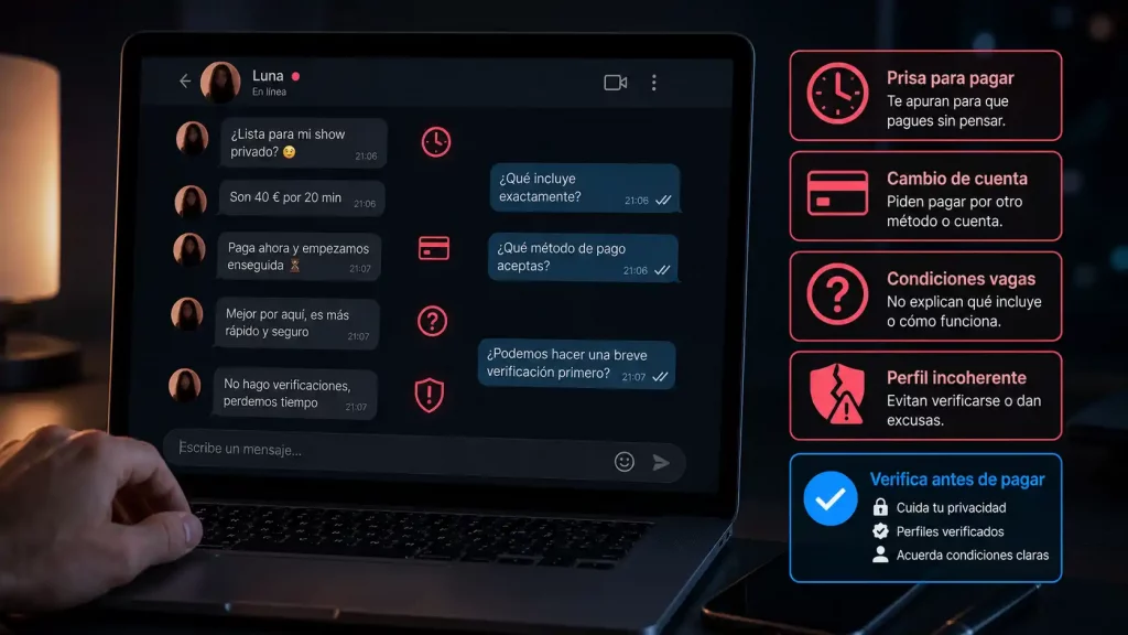 Señales de alerta en el chat antes de pagar una videollamada erótica